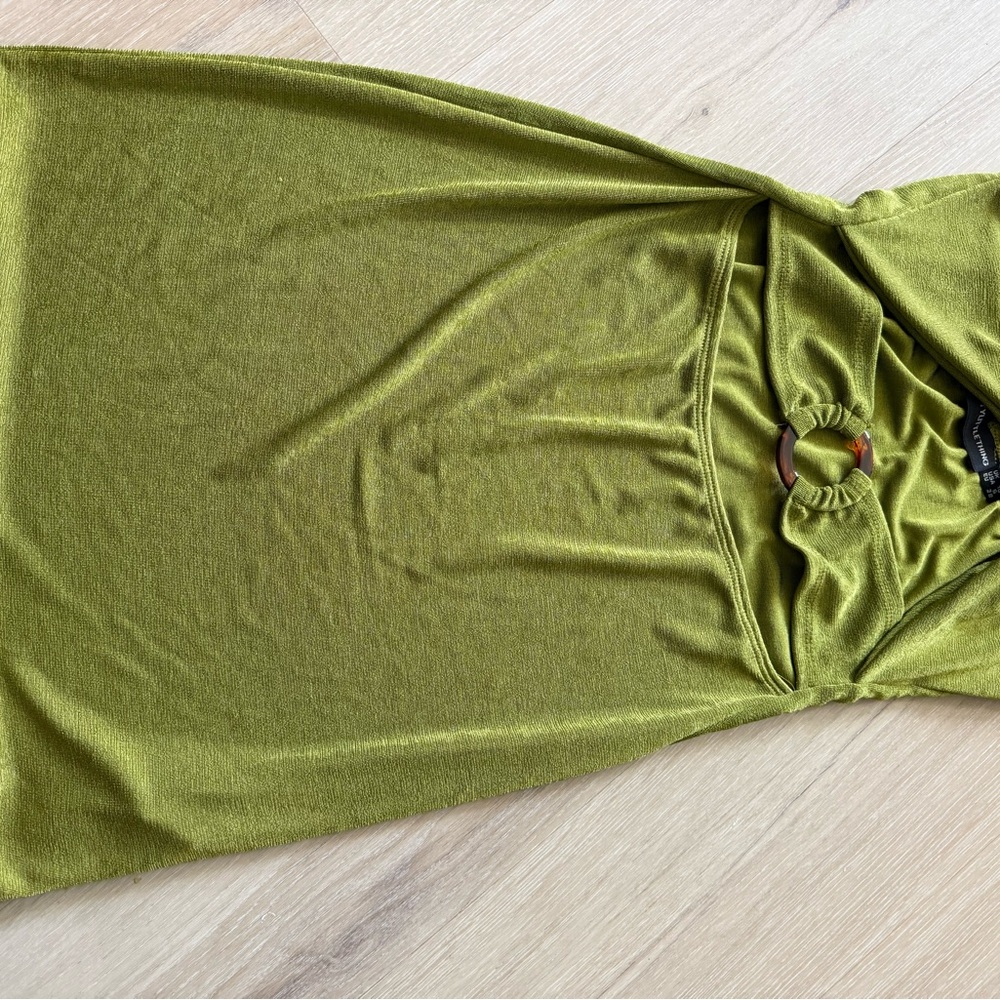 Pretty Little Thing: olive green, slinky mini dress